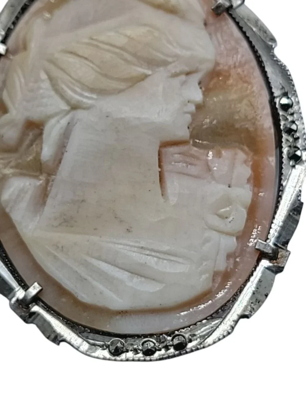 Antique 800 Silver Shell Cameo Brooch Italian Marcasite Studded Thin Delicate - Picture 9 of 12